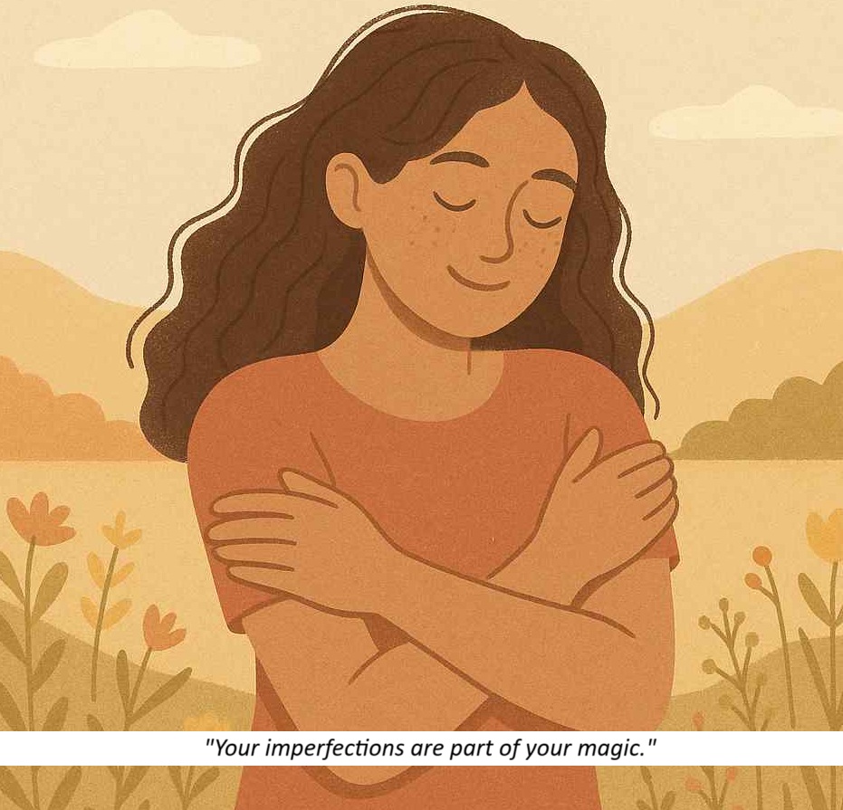 A peaceful woman standing in a soft natural landscape, symbolizing self-acceptance and emotional healing-Affirmations for Embracing Imperfection and Being Enough