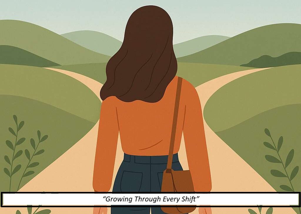 A calm and peaceful woman standing at a crossroads in nature, symbolizing life transitions and inner clarity. -Affirmations for Navigating Life Transitions
