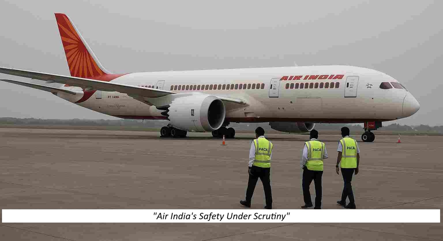 Air India aircraft on runway with DGCA inspection crew nearby