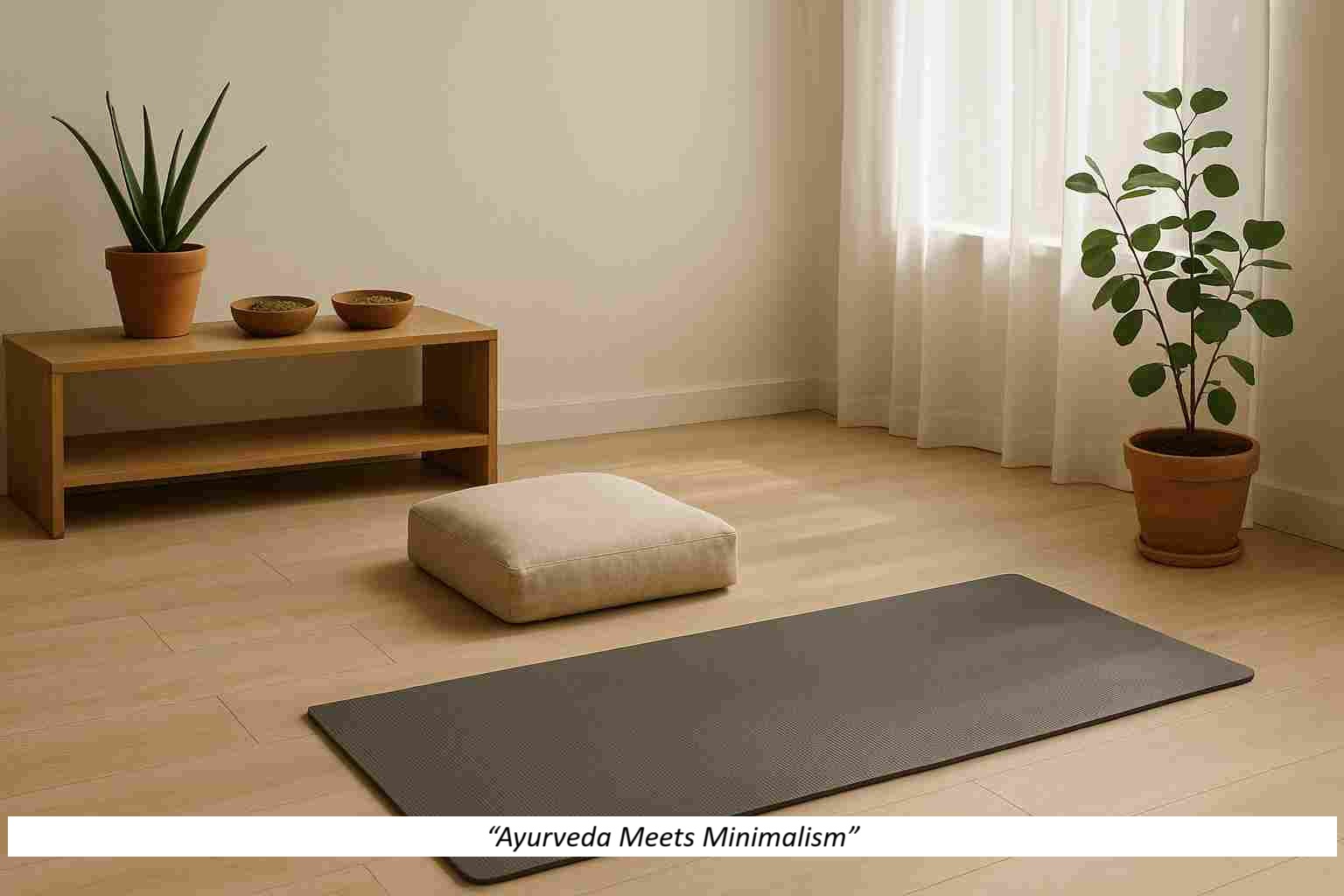 Minimalist yoga-inspired living space with Ayurvedic herbs, meditation mat, and natural light representing conscious living