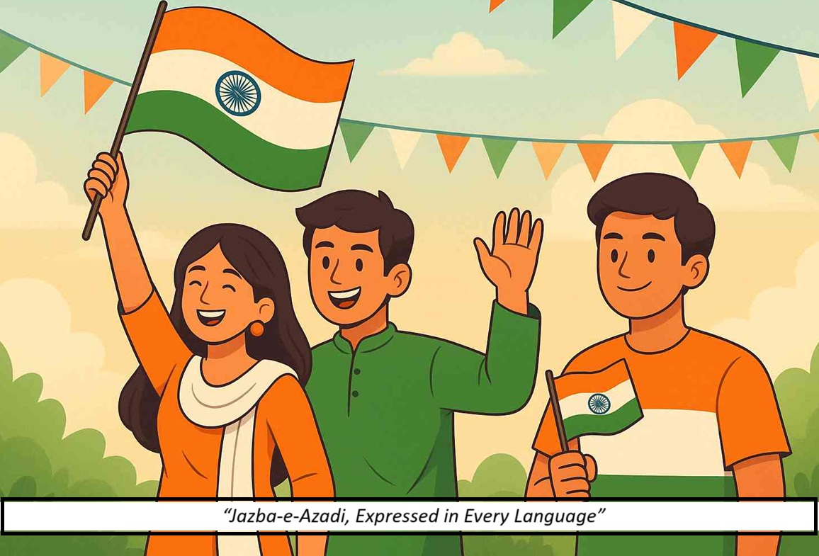 Youth celebrating Independence Day with Indian flags, bilingual greetings, and festive tricolor elements
