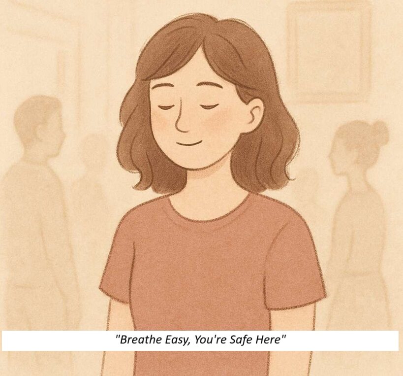 A young person standing peacefully in a soft social setting, reflecting calm and inner strength—symbolizing relief from social anxiety.