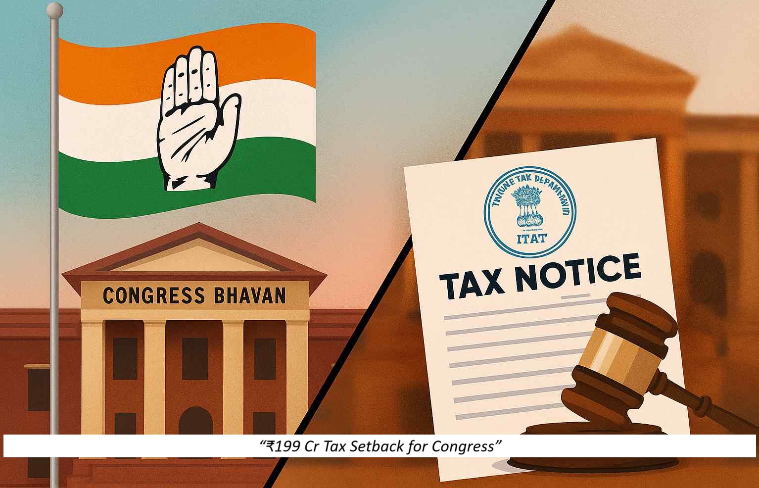 Conceptual illustration showing Congress party logo, Income Tax Department seal, and courtroom gavel representing the ITAT's rejection of Congress' ₹199 crore tax exemption plea due to late return filing and donation violations