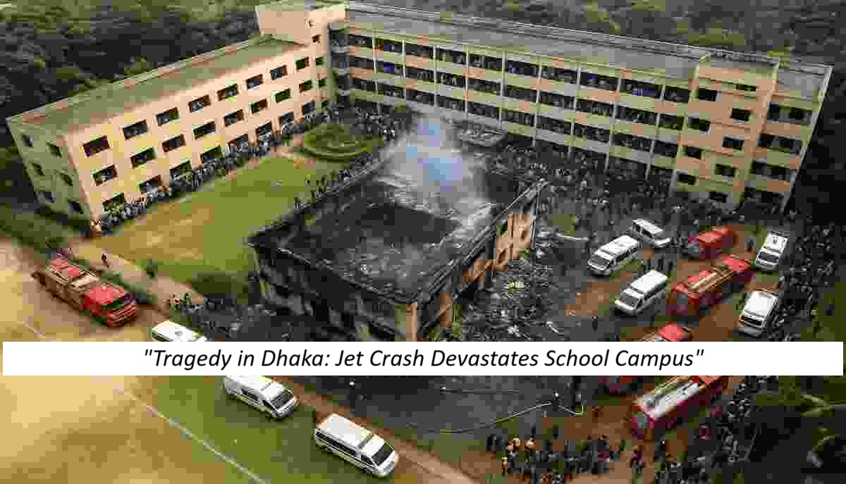 Fighter jet crash site at Dhaka school with smoke, rubble, and rescue workers