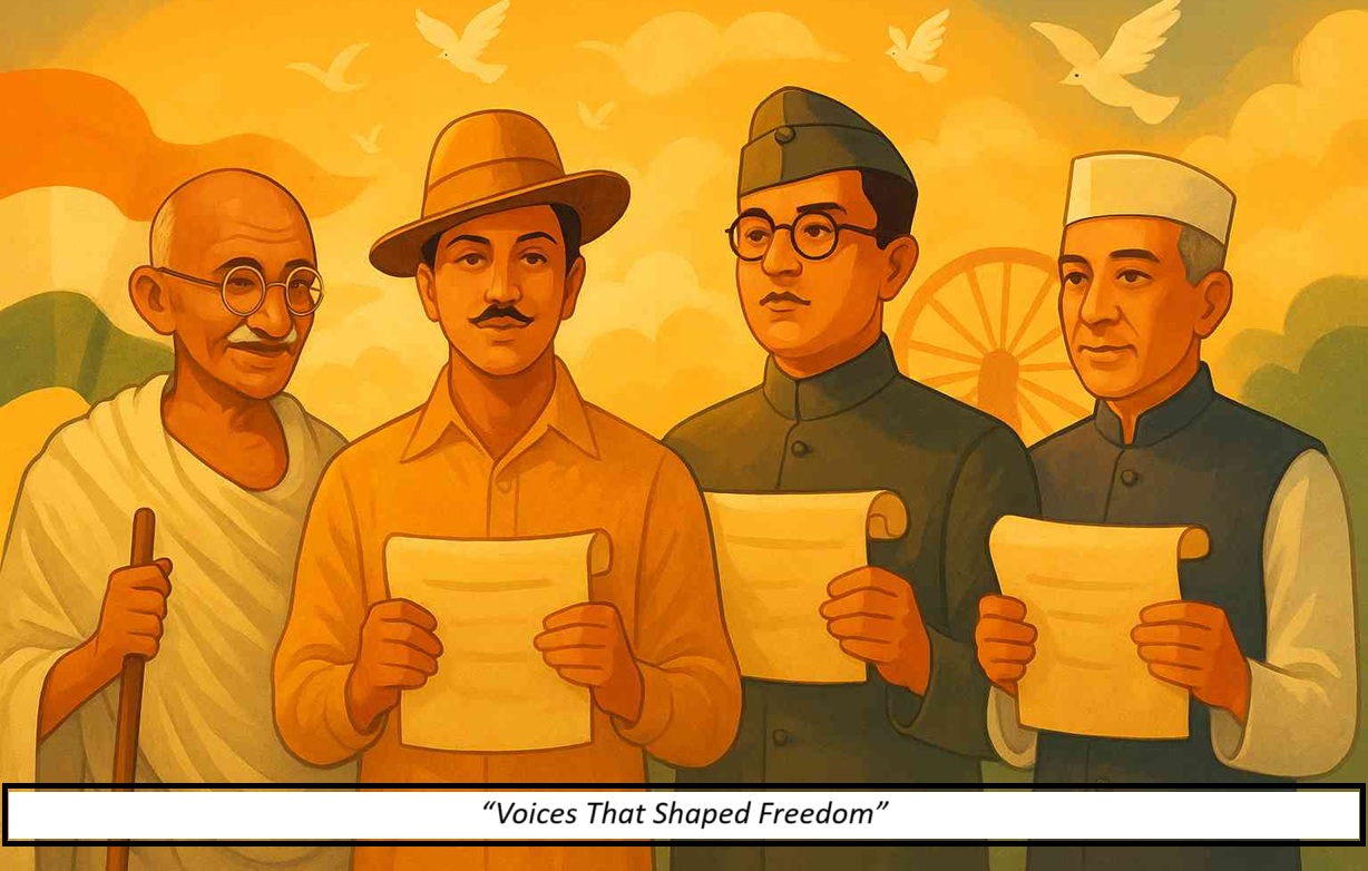 Patriotic illustration of Indian freedom fighters with quote banners for Independence Day