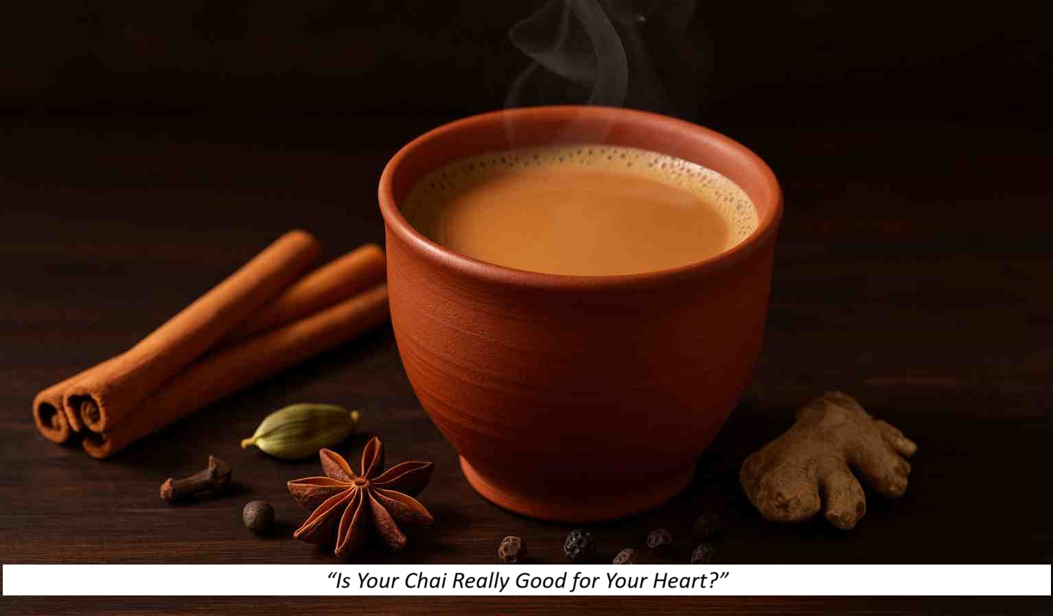 Cup of steaming Indian chai in a clay cup with spices, representing heart-healthy tea benefits