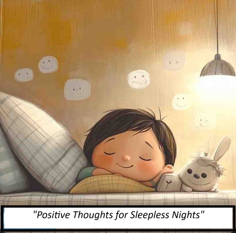 Illustration of a smiling child peacefully sleeping in bed with a soft toy under a warm lamp, surrounded by hand-drawn smiley faces on the wall, symbolizing calm, comfort, and positive thoughts for sleepless nights.