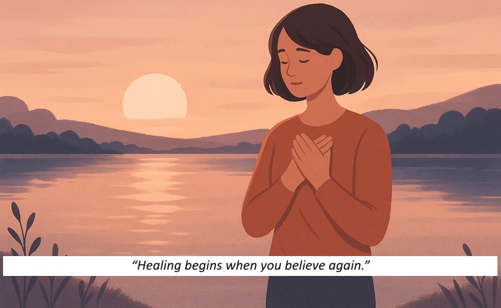 A calming digital illustration of a hopeful young woman looking toward a sunrise, symbolizing renewal, healing, and restored faith. Quotes to Restore Faith When You’ve Lost Trust