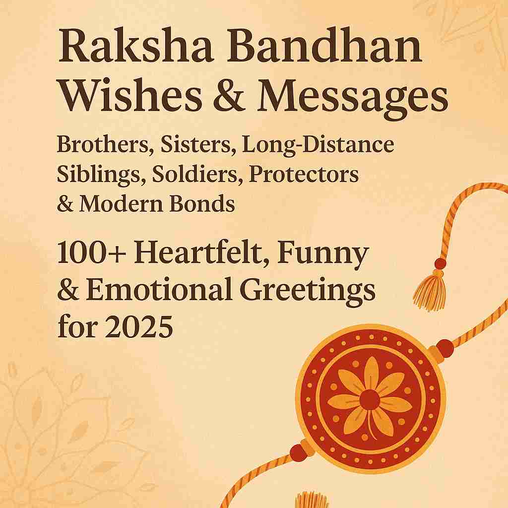 Raksha Bandhan Wishes & Messages for Brothers, Sisters, Long-Distance Siblings, Soldiers, Protectors & Modern Bonds – 100+ Heartfelt, Funny & Emotional Greetings for 2025
