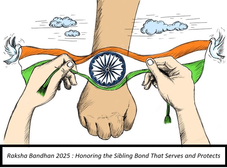 "Illustration of a sister tying a Rakhi with the Indian tricolor and Ashoka Chakra on a soldier's wrist, symbolizing Raksha Bandhan for military and on-duty protectors."