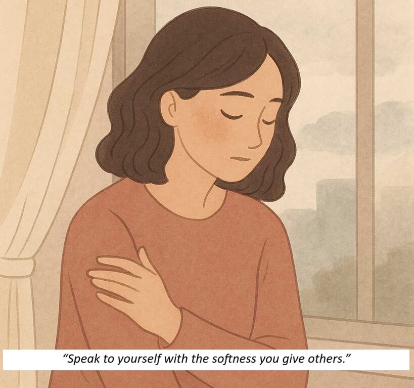 A woman in quiet reflection near a window, symbolizing inner healing and self-compassion