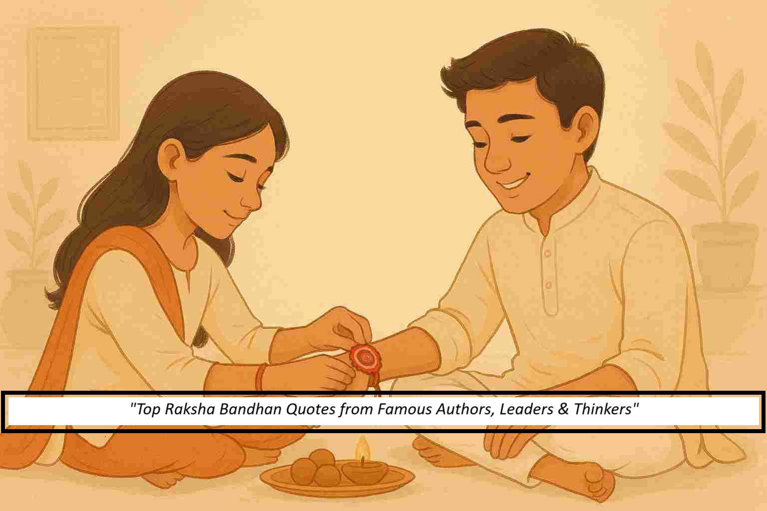 Illustration of famous personalities with Raksha Bandhan quotes in a festive Indian theme background.
