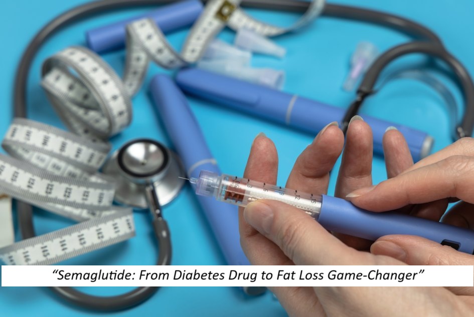 Hands holding a Semaglutide injection pen with a stethoscope and measuring tape in the background, symbolizing weight loss and diabetes treatment.