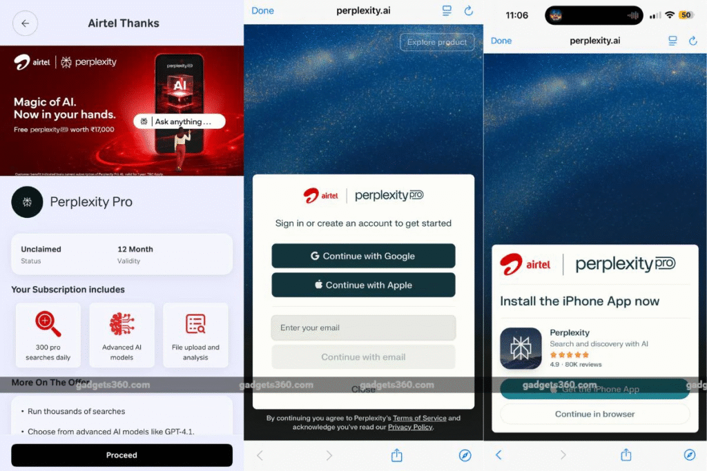 Perplexity Pro free subscription on the Airtel Thanks app