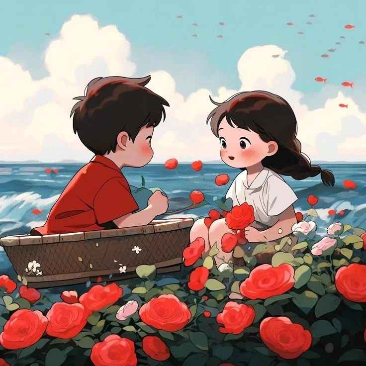 A cute couple sitting by the sea surrounded by roses, exchanging loving glances, symbolizing emotional reassurance and heartfelt connection in a relationship.